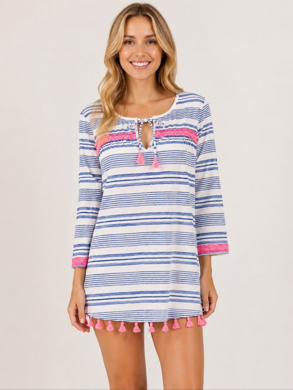 Vineyard Vines Tunic Top Womens M Blue White Stripe Pink Tassel 100% Cotton